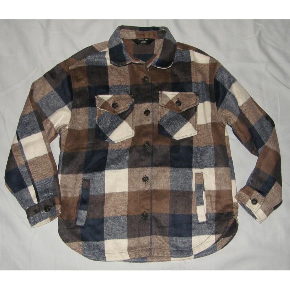 NEW Brown Plaid Sz Small Cozy Flannel Shacket Shirt Jacket Pockets MEMBERS MARK